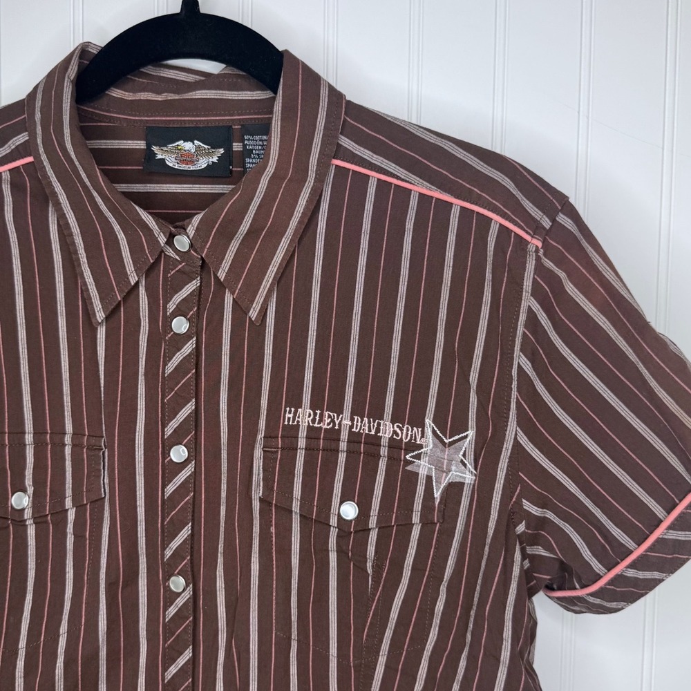 Y2K Harley-Davidson Snap Western Shirt Brown Pink Striped Women's XL